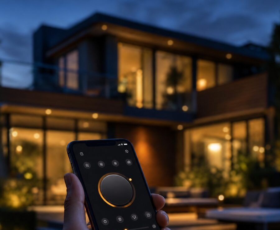 Hand holding a phone showing the CHIPR LUX app in front of a lit home at night