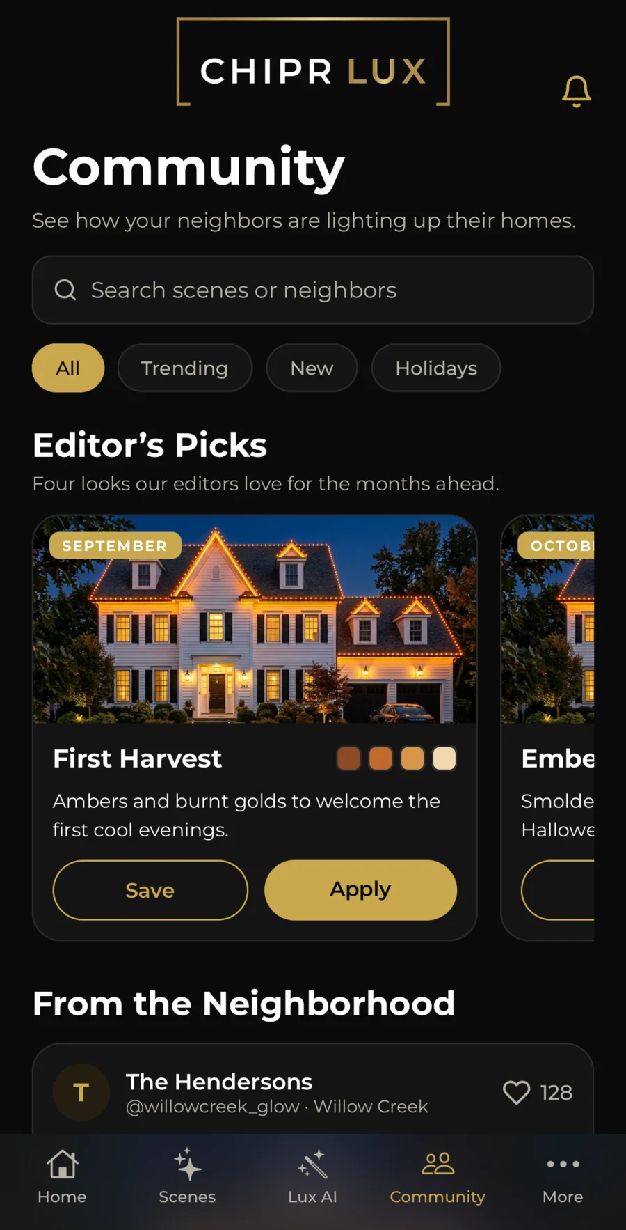 CHIPR LUX app Community screen showing lighting scenes shared by neighbors