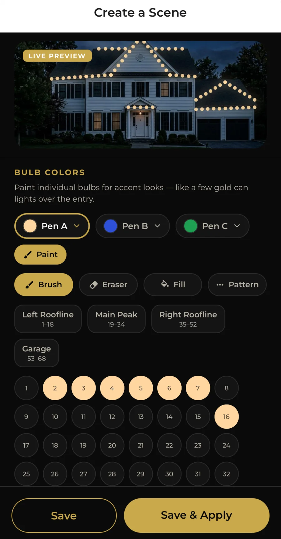 CHIPR LUX app Create a Scene screen showing bulb painting controls