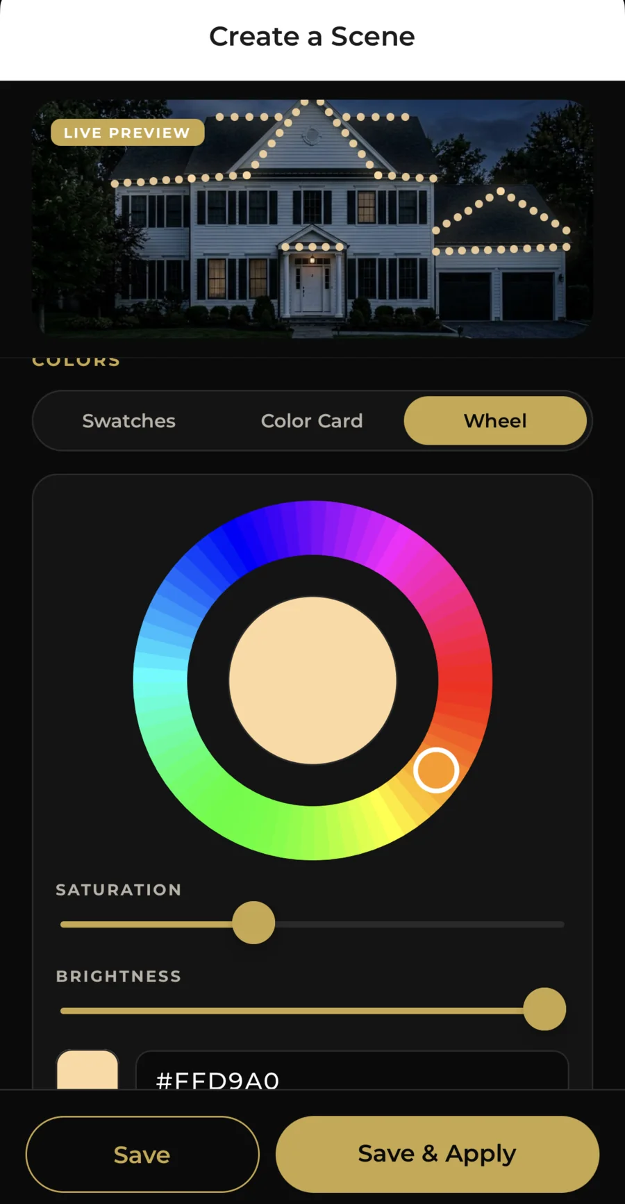 CHIPR LUX app Create a Scene screen showing color wheel controls