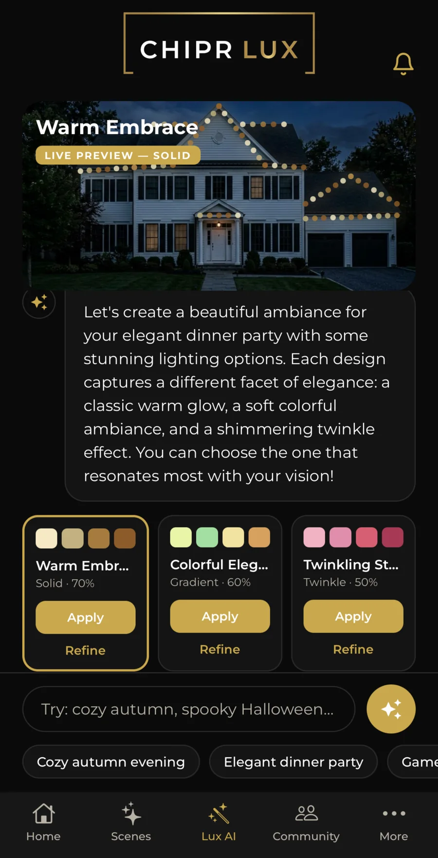 CHIPR LUX app Lux AI screen showing lighting ideas for a warm evening