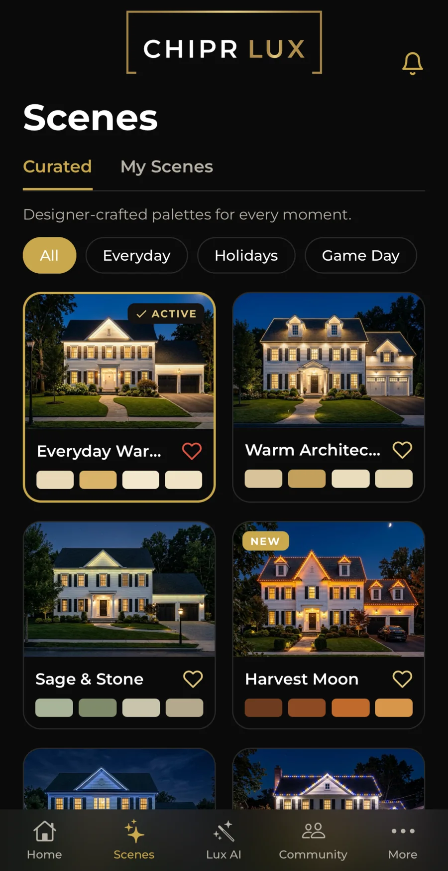 CHIPR LUX app Scenes screen showing curated lighting scenes