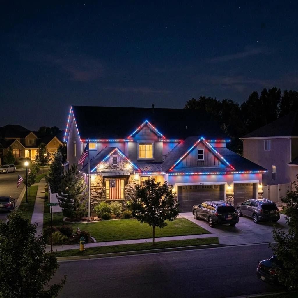 Home with American flags in the yard and red, white, and blue CHIPR LUX roofline lights at night