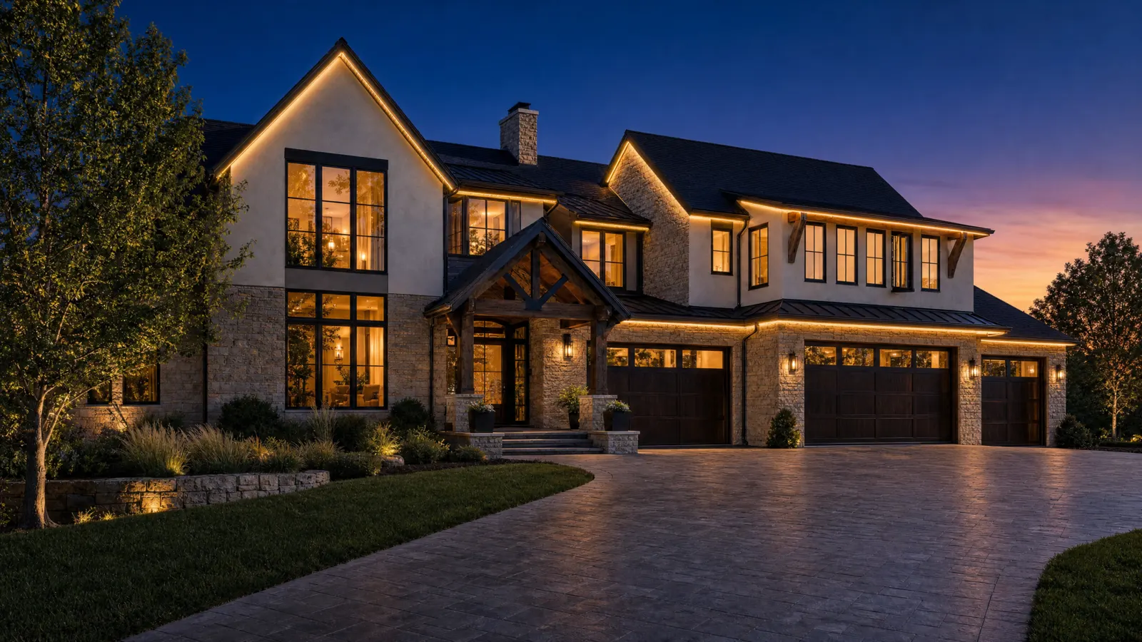 Coordinated color for outdoor spaces. permanent roofline lighting