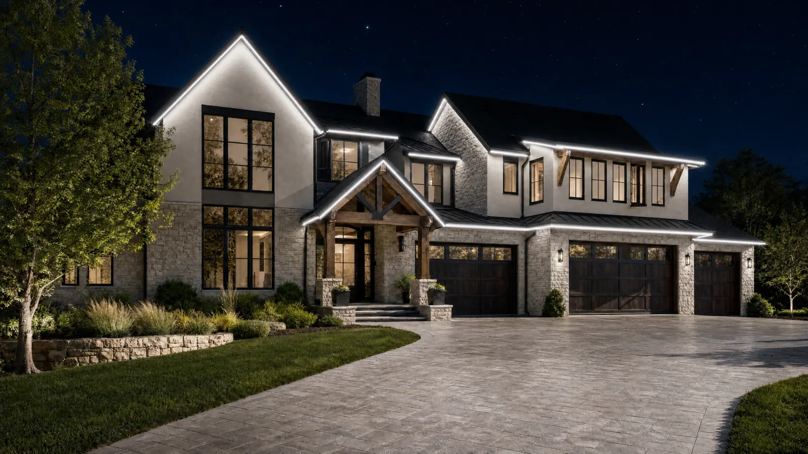 Roofline lighting for nighttime visibility. permanent roofline lighting
