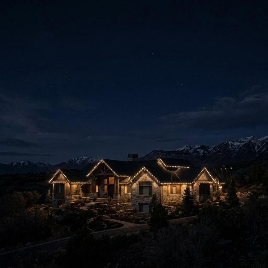 Utah home with warm white permanent roofline lighting