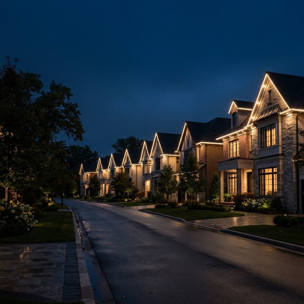 A large subdivision of homes at dusk, all featuring uniform warm white permanent roofline lighting